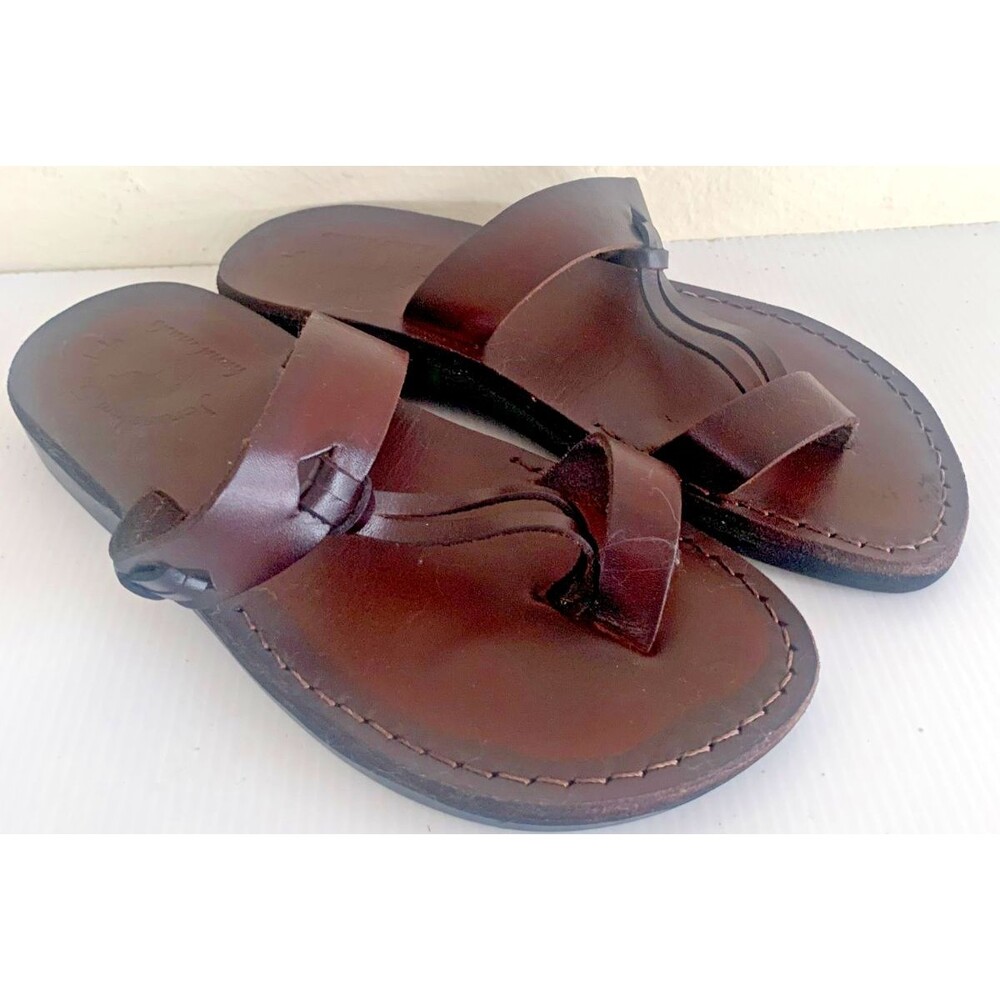 Jerusalem Sandals Women 6 EU 37 Brown Leather Toe Loop Strappy Slides Handmade